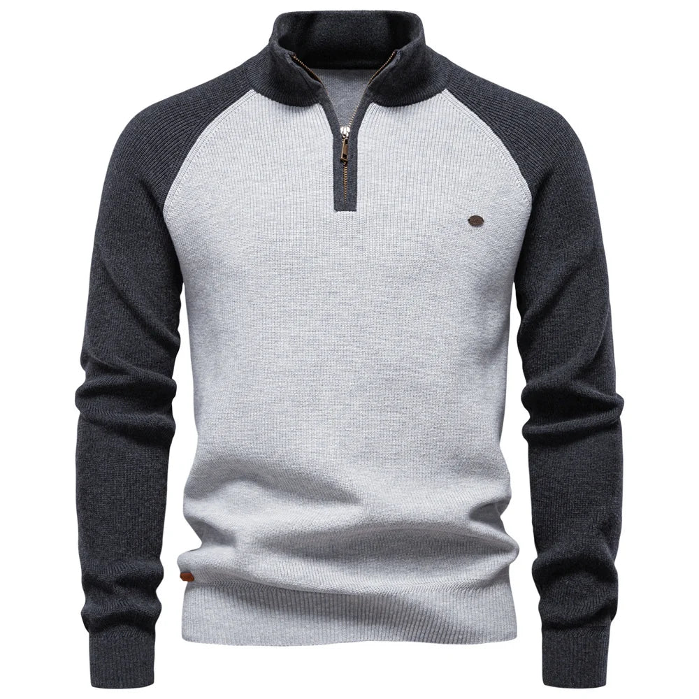 Herren-Pullover aus Baumwolle mit Stehkragen und Viertelreißverschluss