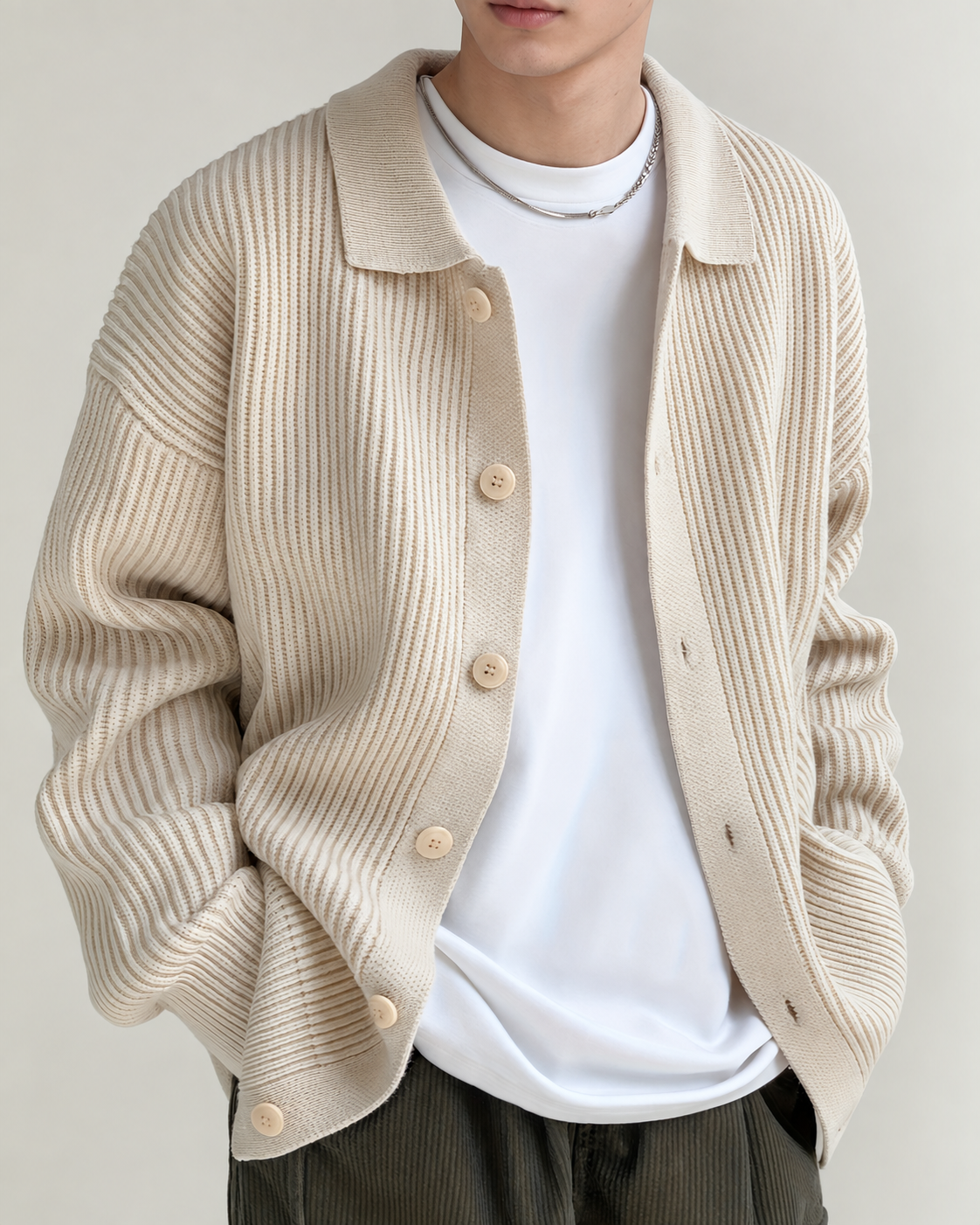 Áo cardigan dệt gân, cổ bẻ, cài cúc phía trước