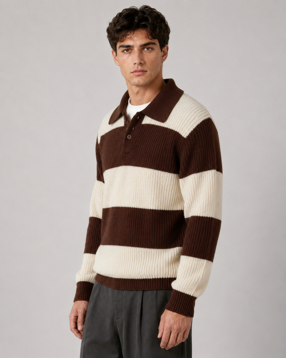 Sweter Polo Rajut Bergaris Bertekstur Pria Warna Cokelat Tua