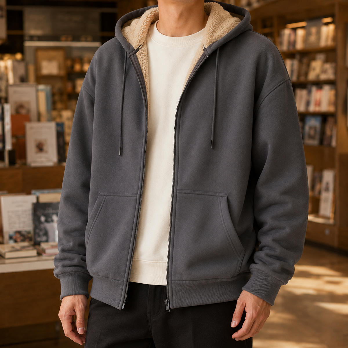 Áo hoodie khóa kéo toàn phần lót lông Sherpa