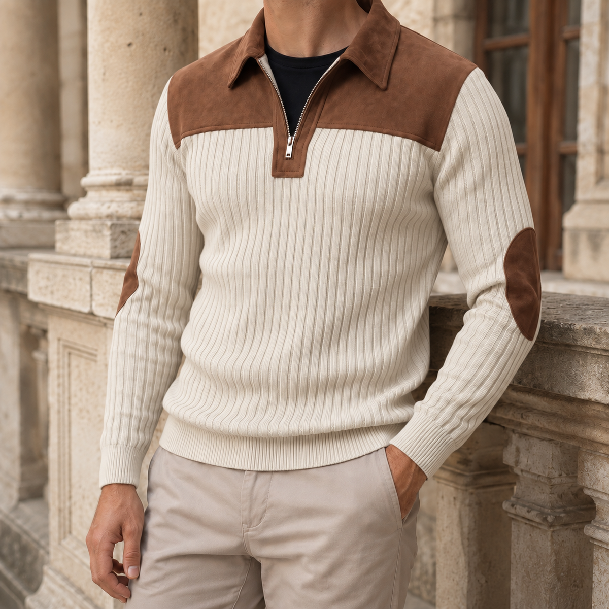 Gerippter Strickpullover mit kurzem Reißverschluss