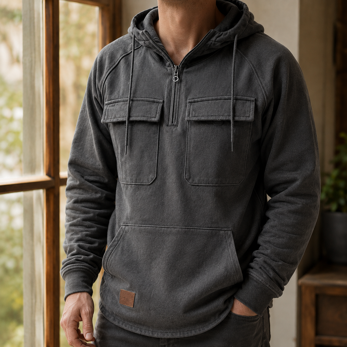 Áo hoodie màu xám pha cotton tiện dụng