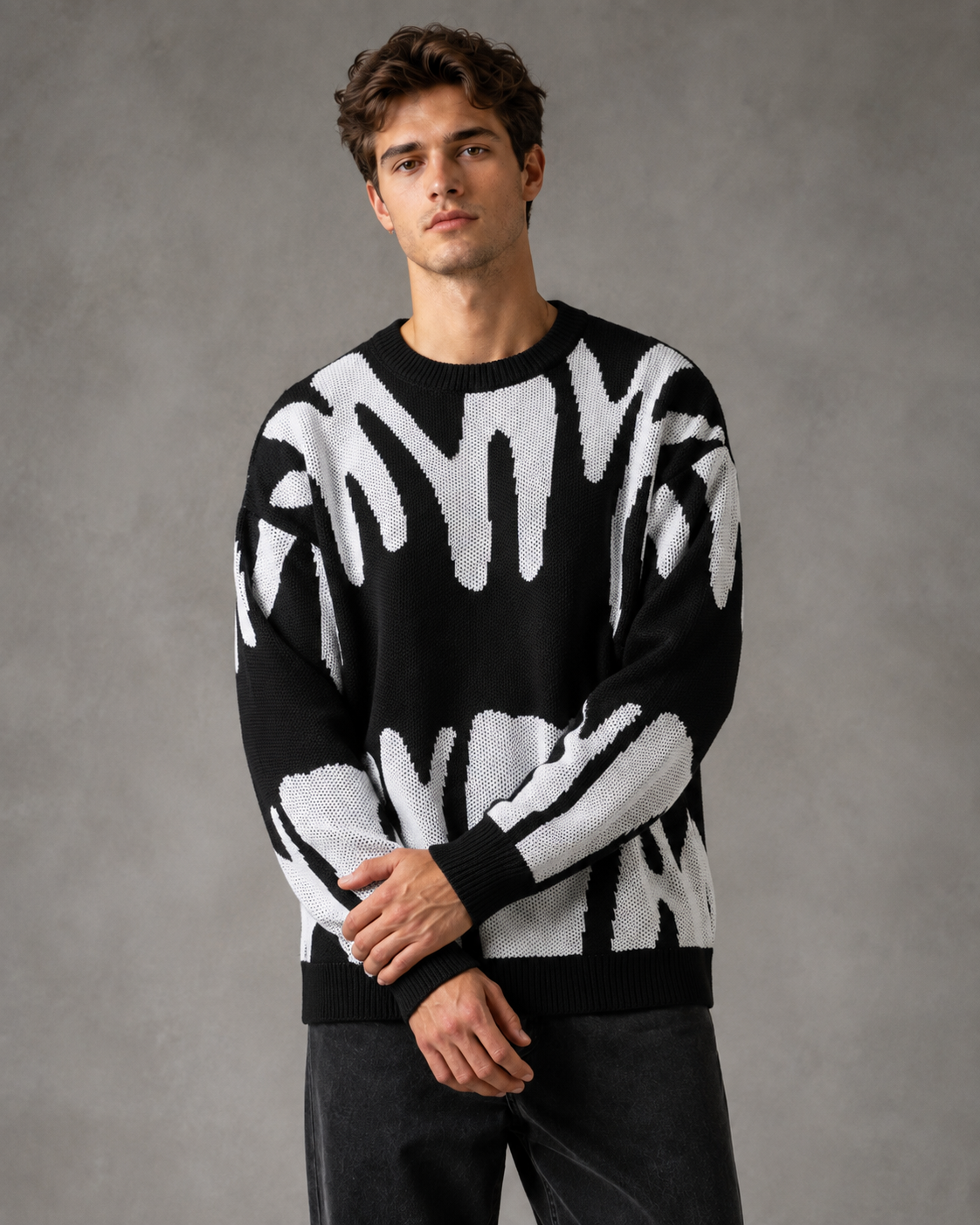 Sweater Rajut Motif Abstrak Pria dengan Bahu Jatuh