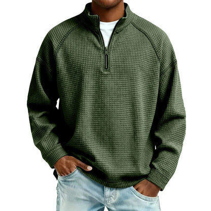 Herren-Pullover aus Waffelstrick mit Viertelreißverschluss, lockere Passform, lässiges Oberteil