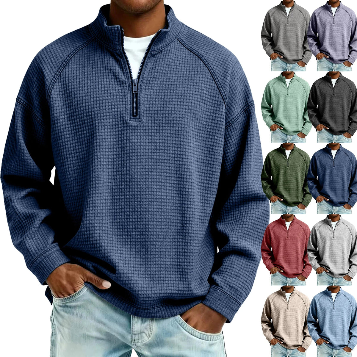 Herren-Pullover aus Waffelstrick mit Viertelreißverschluss, lockere Passform, lässiges Oberteil