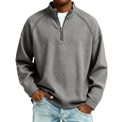 Herren-Pullover aus Waffelstrick mit Viertelreißverschluss, lockere Passform, lässiges Oberteil