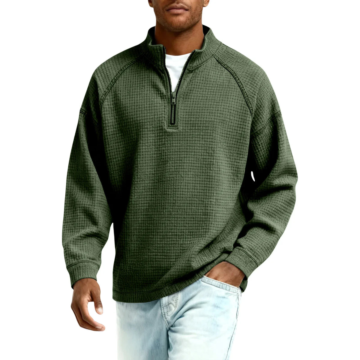 Herren-Pullover aus Waffelstrick mit Viertelreißverschluss, lockere Passform, lässiges Oberteil