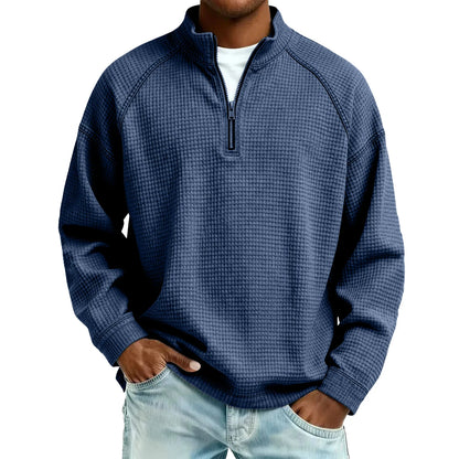 Herren-Pullover aus Waffelstrick mit Viertelreißverschluss, lockere Passform, lässiges Oberteil