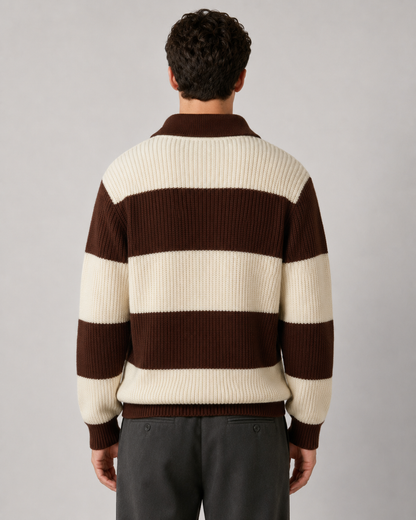 Sweter Polo Rajut Bergaris Bertekstur Pria Warna Cokelat Tua