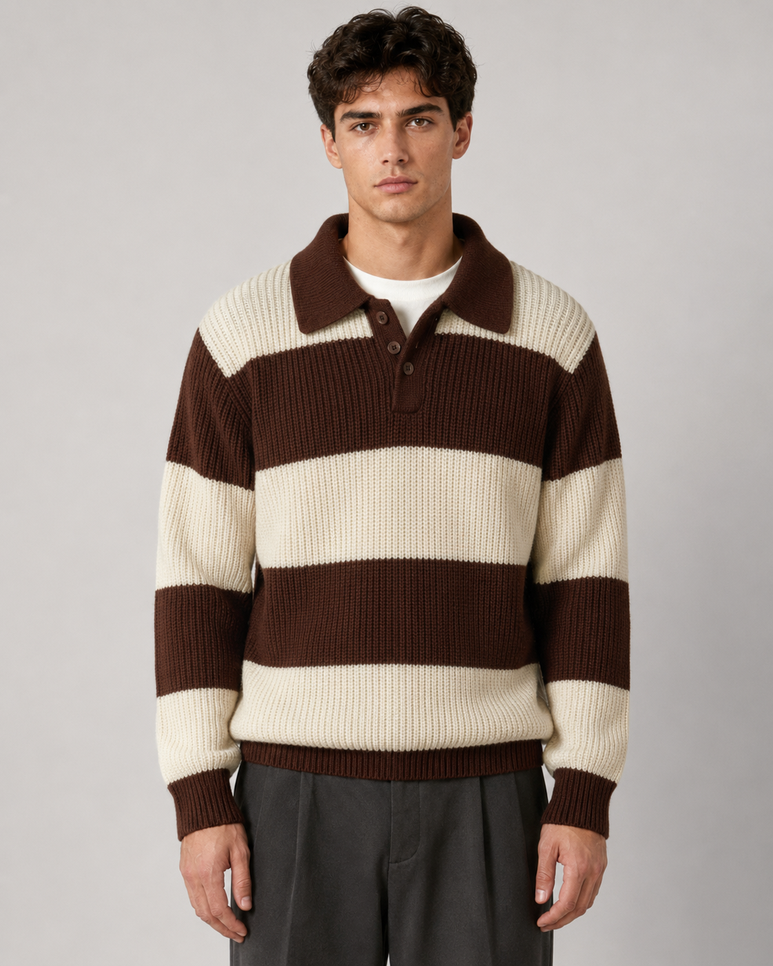 Sweter Polo Rajut Bergaris Bertekstur Pria Warna Cokelat Tua