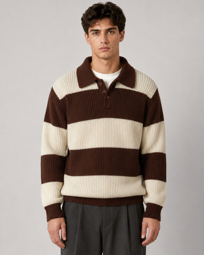 Sweter Polo Rajut Bergaris Bertekstur Pria Warna Cokelat Tua