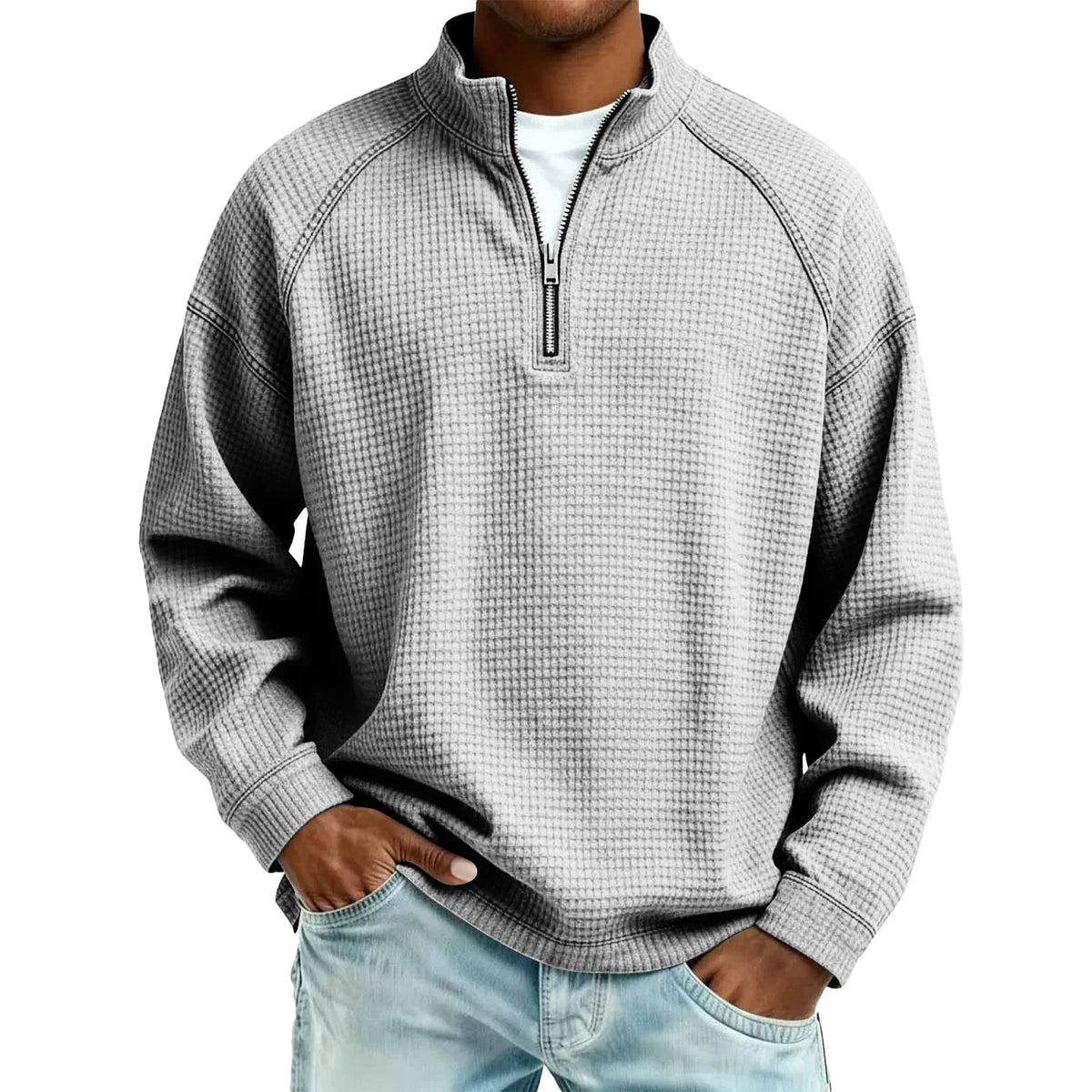 Herren-Pullover aus Waffelstrick mit Viertelreißverschluss, lockere Passform, lässiges Oberteil