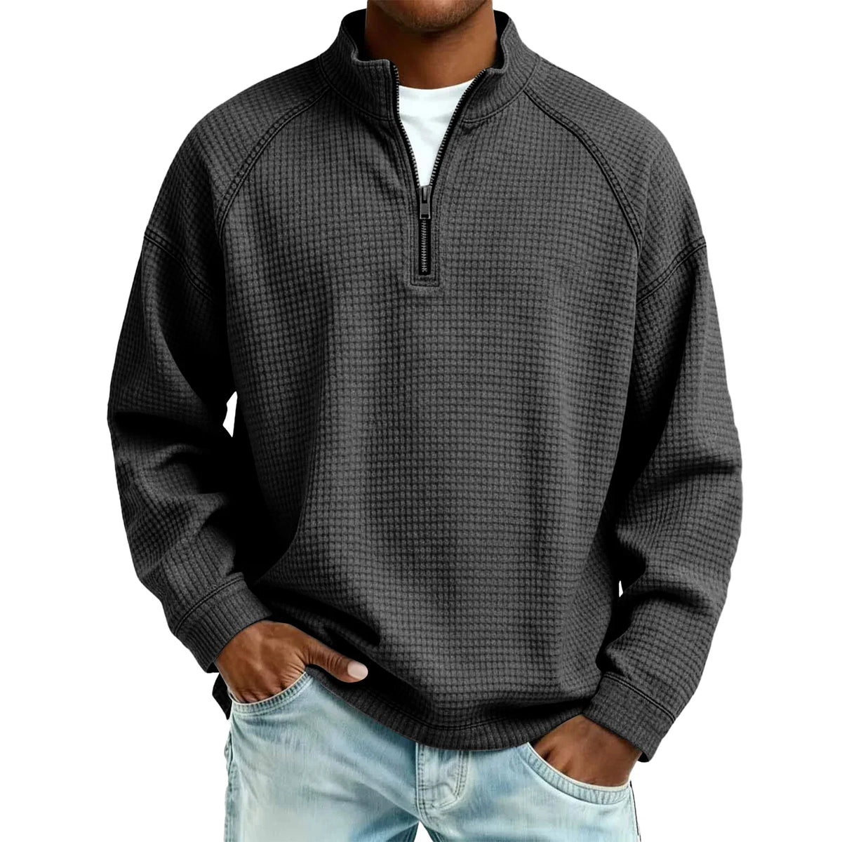 Herren-Pullover aus Waffelstrick mit Viertelreißverschluss, lockere Passform, lässiges Oberteil