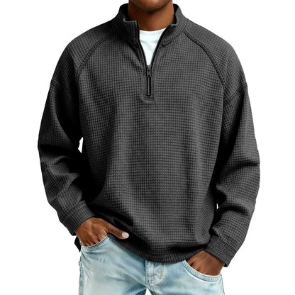 Herren-Pullover aus Waffelstrick mit Viertelreißverschluss, lockere Passform, lässiges Oberteil
