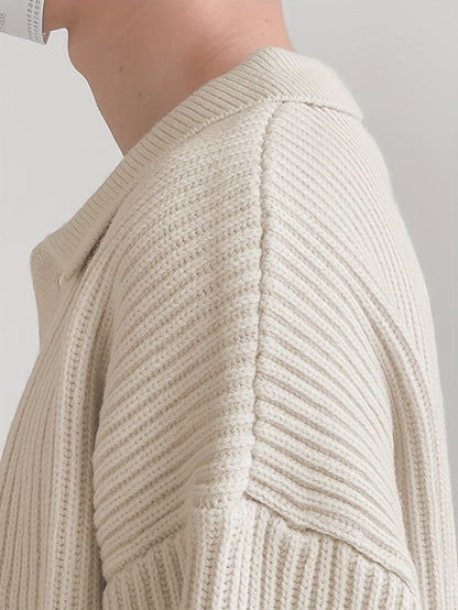 Áo cardigan dệt gân, cổ bẻ, cài cúc phía trước