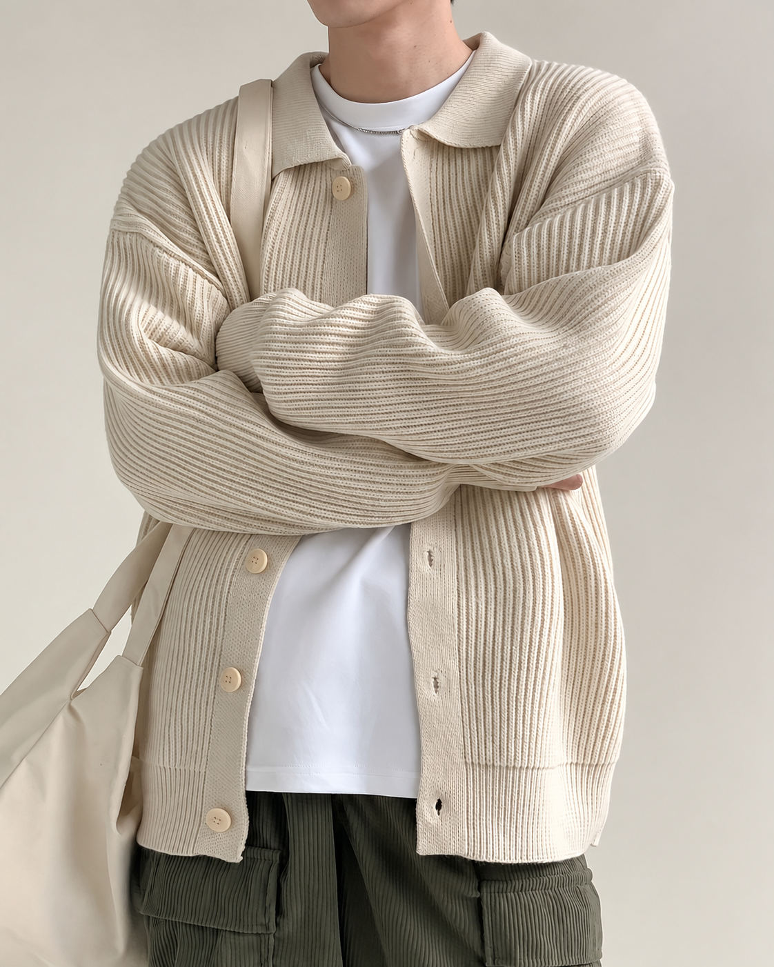 Áo cardigan dệt gân, cổ bẻ, cài cúc phía trước