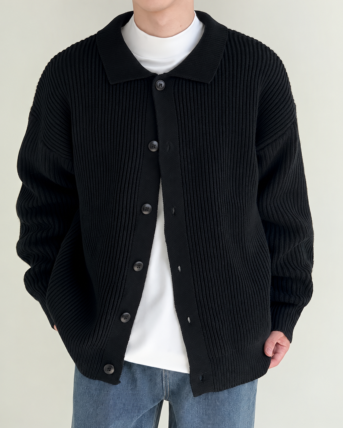 Áo cardigan dệt gân, cổ bẻ, cài cúc phía trước