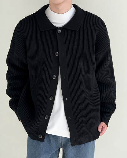 Áo cardigan dệt gân, cổ bẻ, cài cúc phía trước