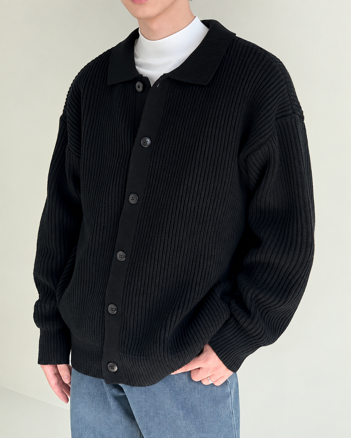 Áo cardigan dệt gân, cổ bẻ, cài cúc phía trước