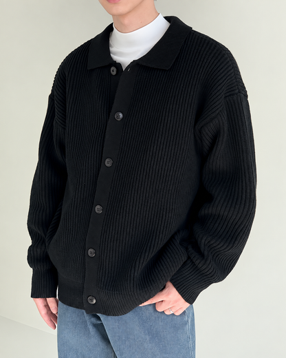Áo cardigan dệt gân, cổ bẻ, cài cúc phía trước