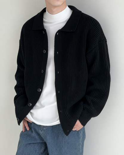 Áo cardigan dệt gân, cổ bẻ, cài cúc phía trước