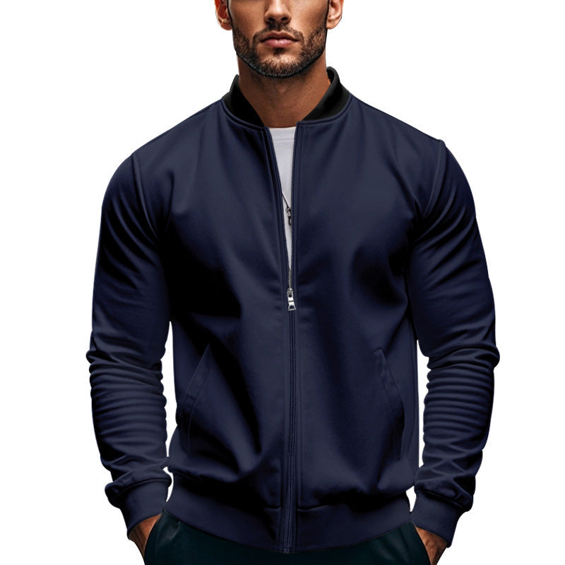 Jaket bomber ramping pria dengan ritsleting dan kerah tegak