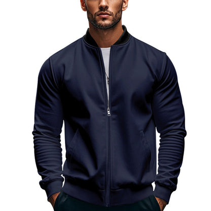 Jaket bomber ramping pria dengan ritsleting dan kerah tegak