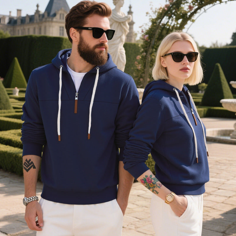Hoodie Fleece Lembut Pria dengan Ritsleting Setengah dan Ritsleting Kulit