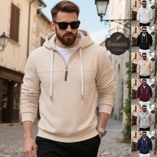 Herren-Hoodie aus weichem Fleece mit halbem Reißverschluss und Lederreißverschluss