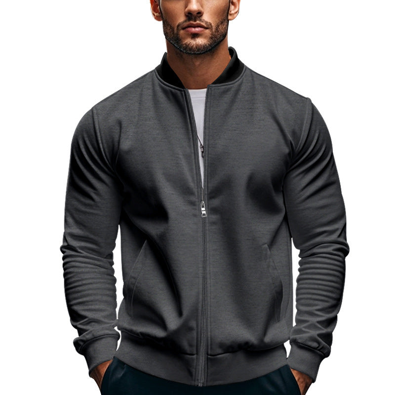 Jaket bomber ramping pria dengan ritsleting dan kerah tegak