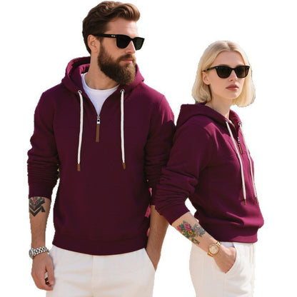 Hoodie Fleece Lembut Pria dengan Ritsleting Setengah dan Ritsleting Kulit