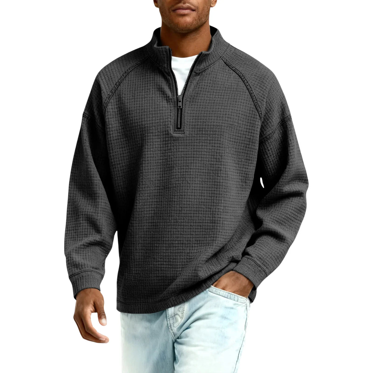 Herren-Pullover aus Waffelstrick mit Viertelreißverschluss, lockere Passform, lässiges Oberteil