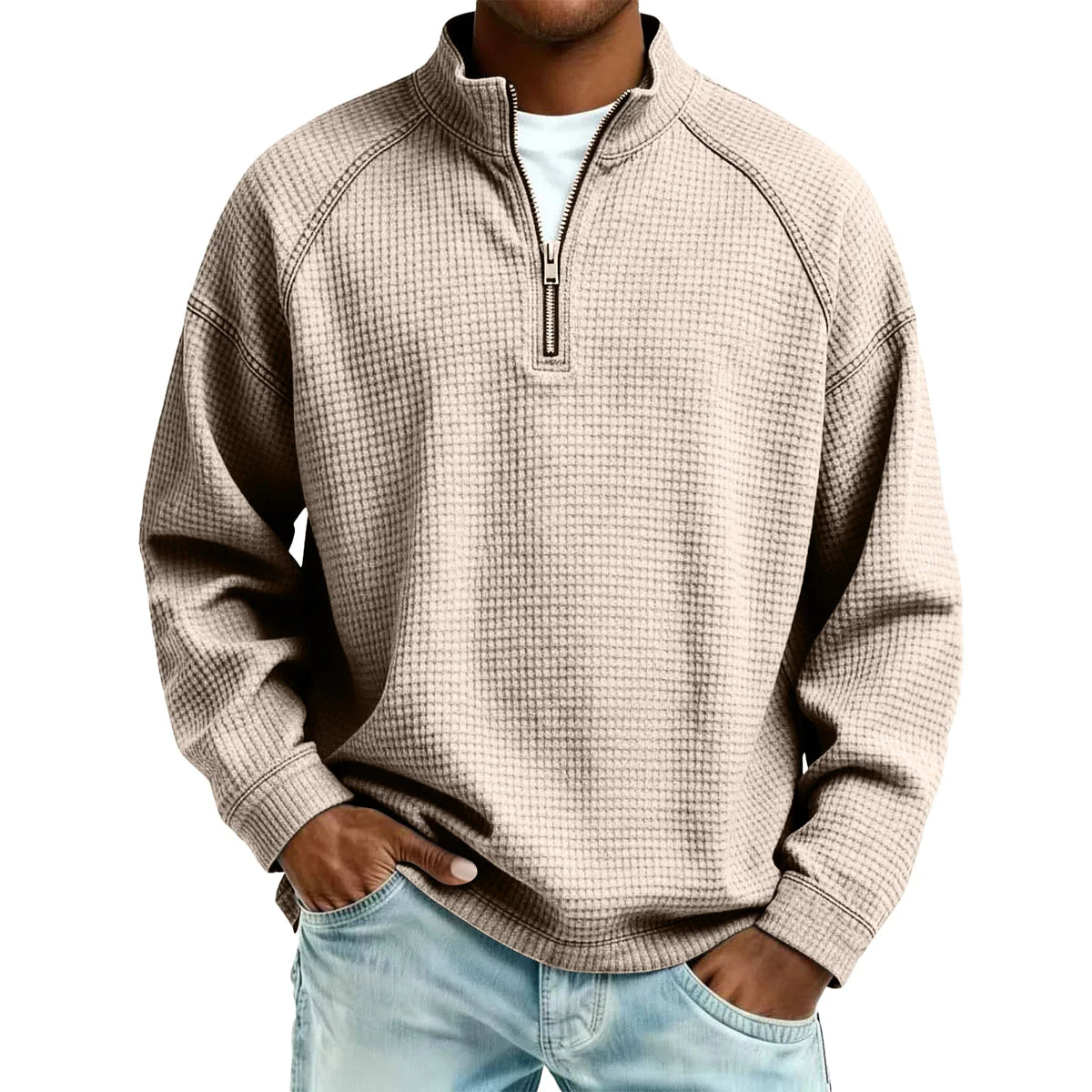 Herren-Pullover aus Waffelstrick mit Viertelreißverschluss, lockere Passform, lässiges Oberteil