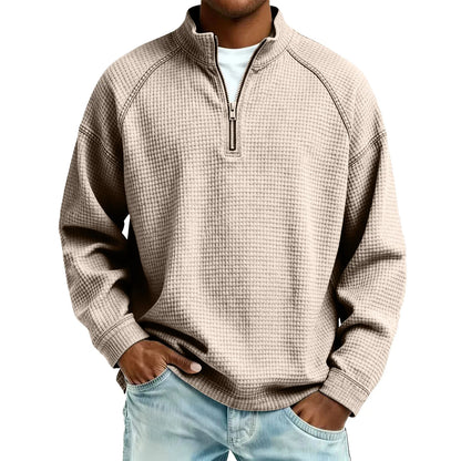 Herren-Pullover aus Waffelstrick mit Viertelreißverschluss, lockere Passform, lässiges Oberteil
