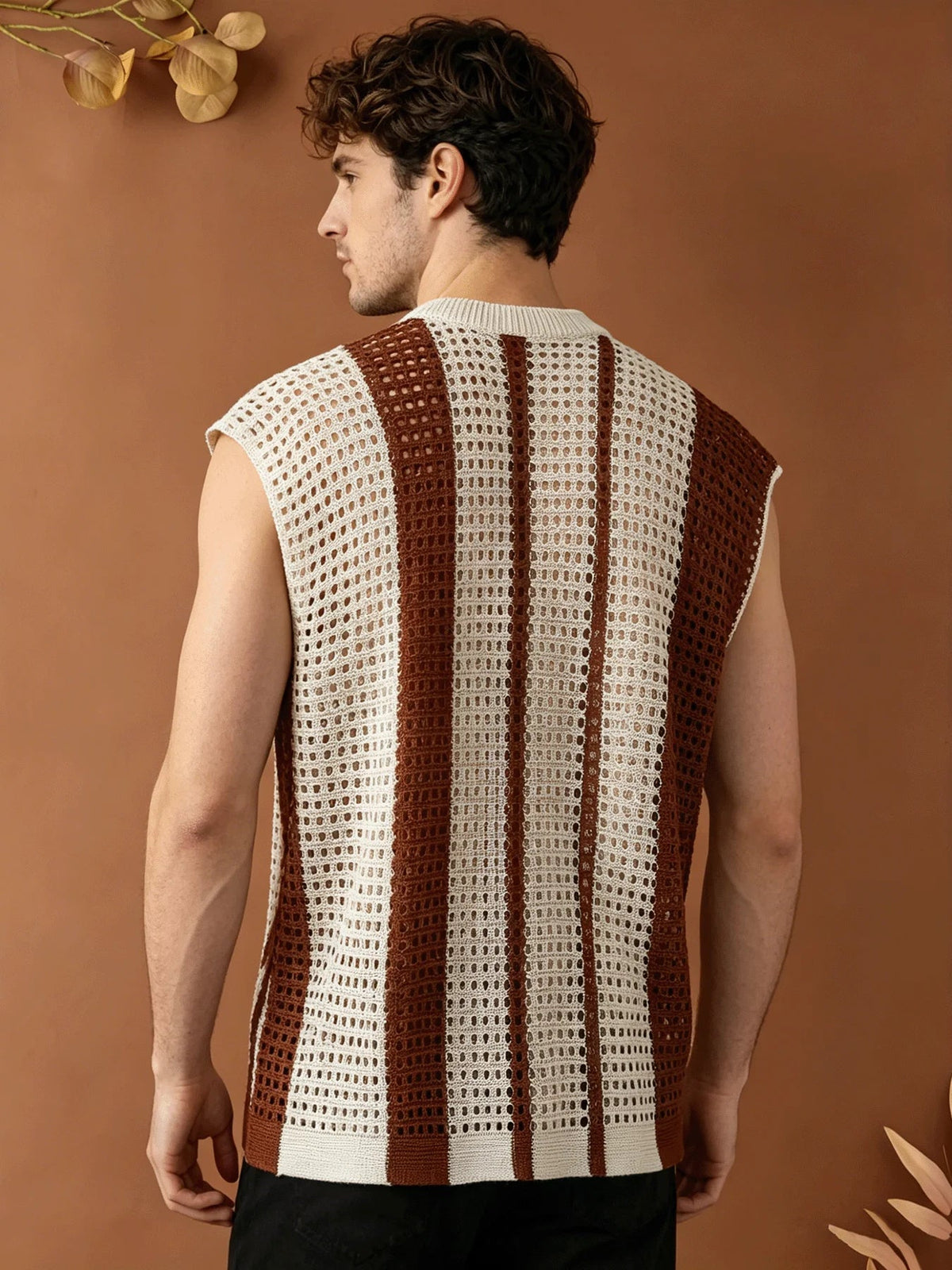 Herren-Strickweste mit durchbrochenem Streifenmuster, lockere Passform
