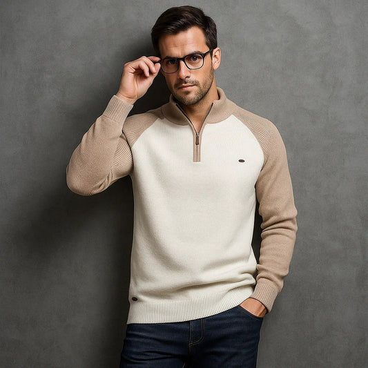 Herren-Pullover aus Baumwolle mit Stehkragen und Viertelreißverschluss