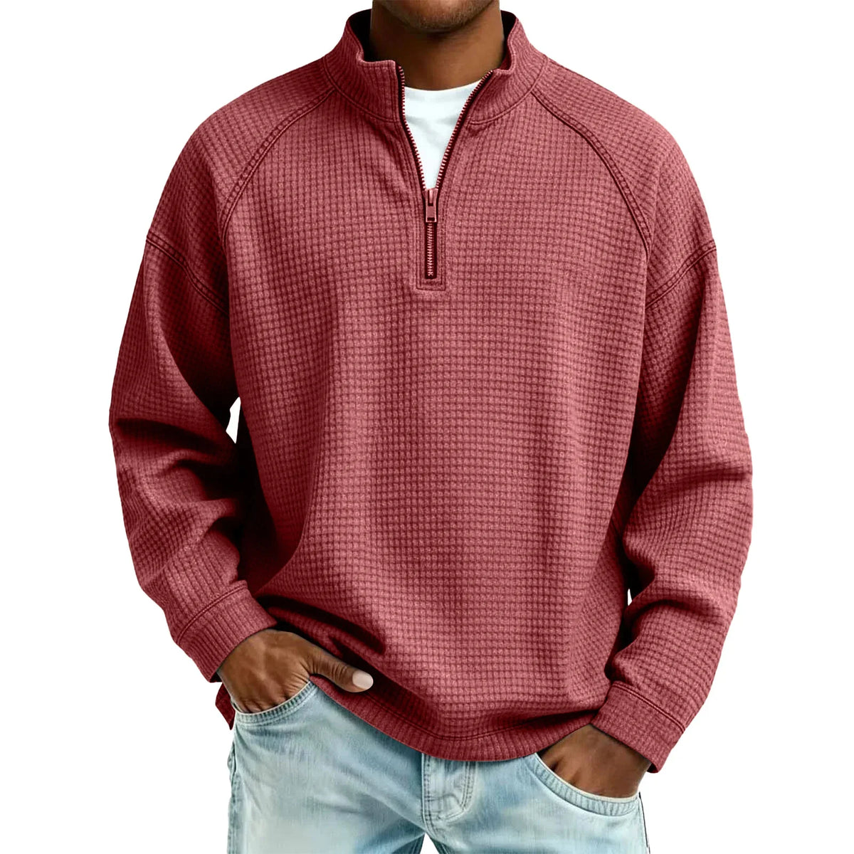 Herren-Pullover aus Waffelstrick mit Viertelreißverschluss, lockere Passform, lässiges Oberteil