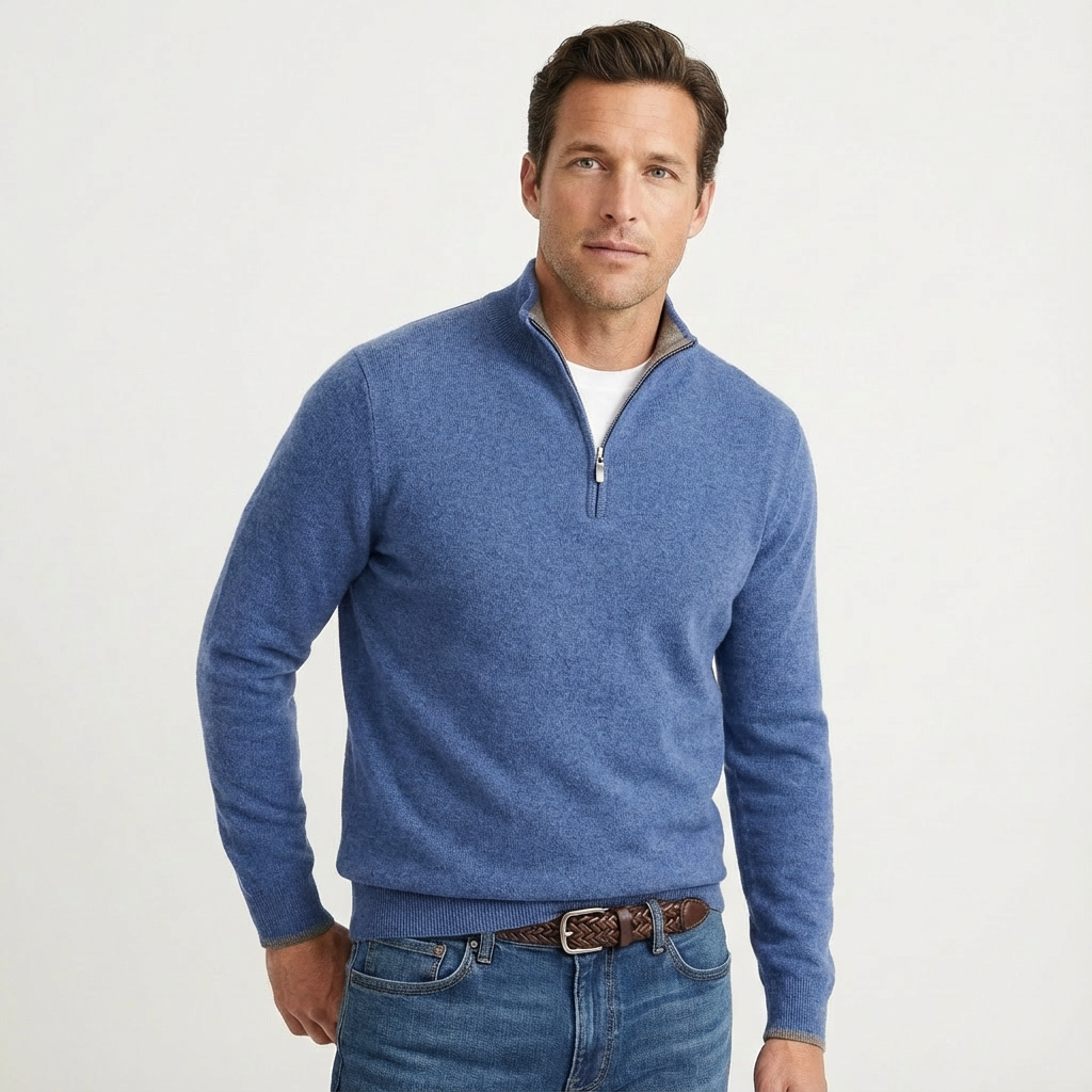 Camisola de homem com fecho de um quarto e gola subida