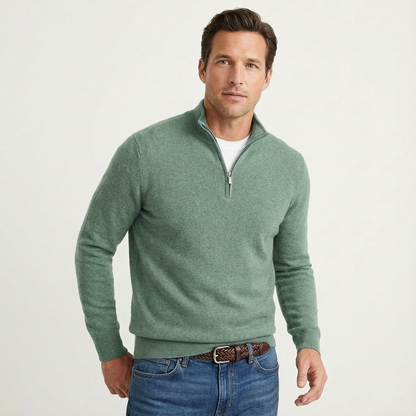 Camisola de homem com fecho de um quarto e gola subida