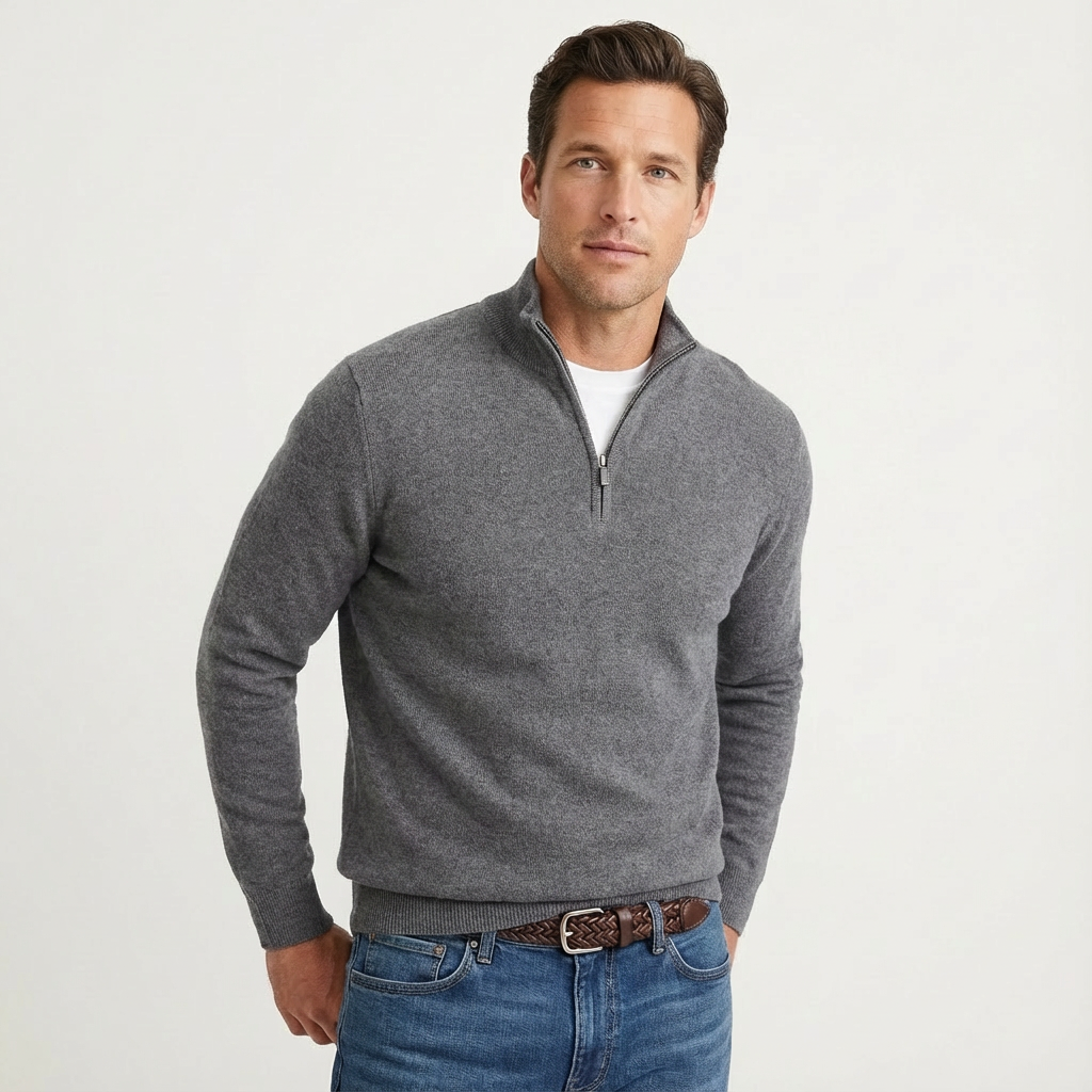 Camisola de homem com fecho de um quarto e gola subida