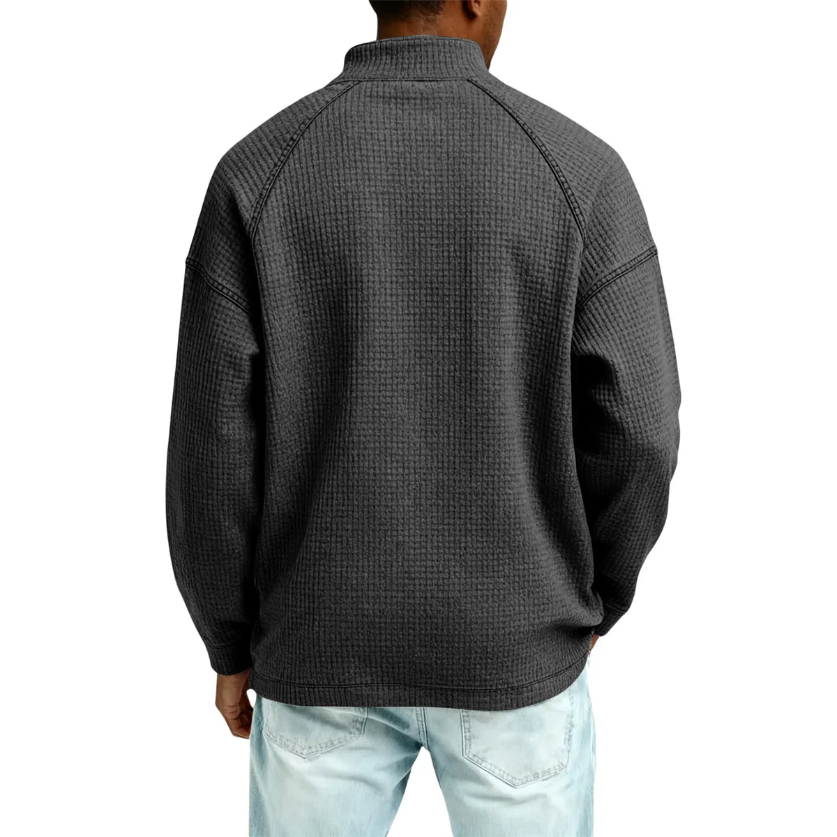 Herren-Pullover aus Waffelstrick mit Viertelreißverschluss, lockere Passform, lässiges Oberteil