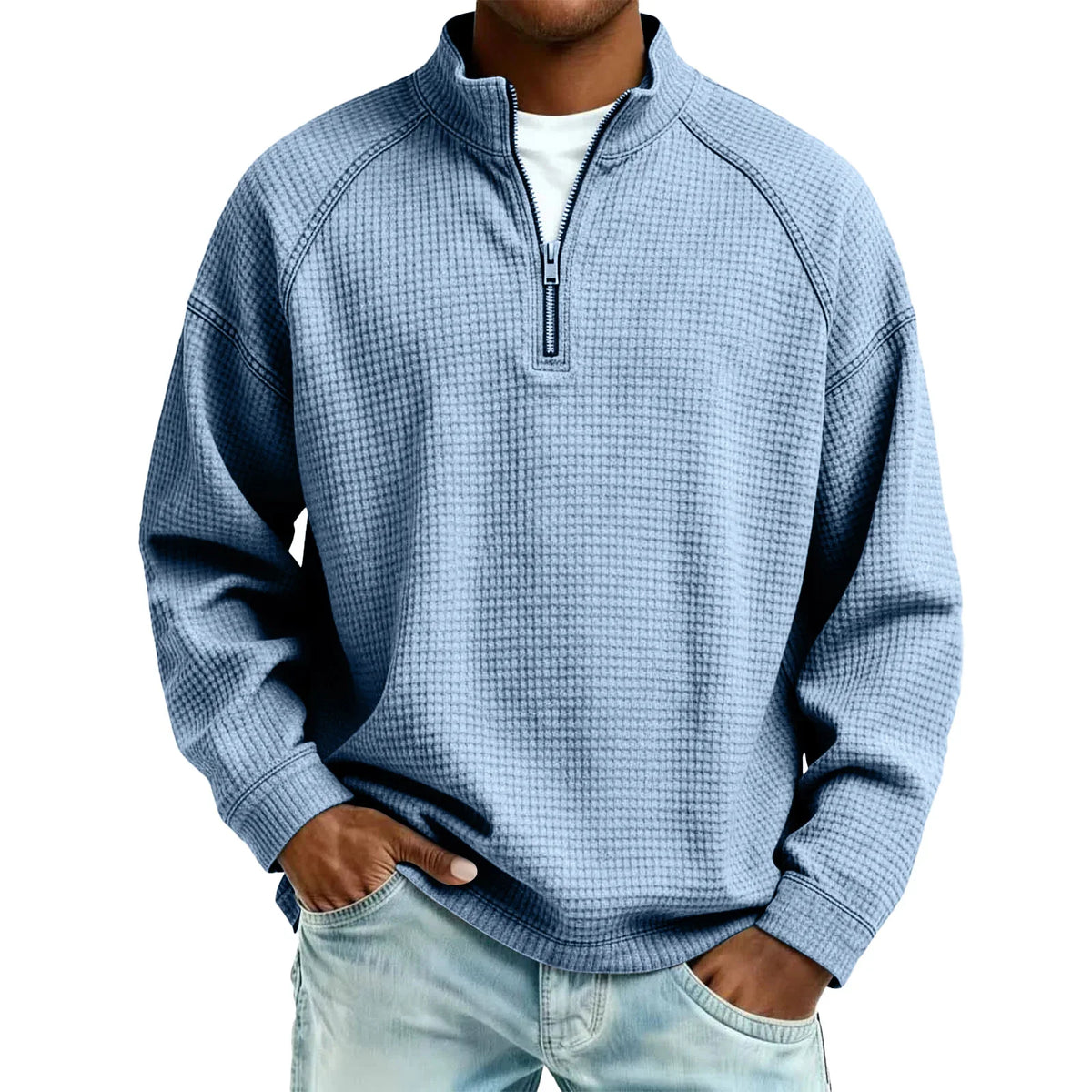 Herren-Pullover aus Waffelstrick mit Viertelreißverschluss, lockere Passform, lässiges Oberteil