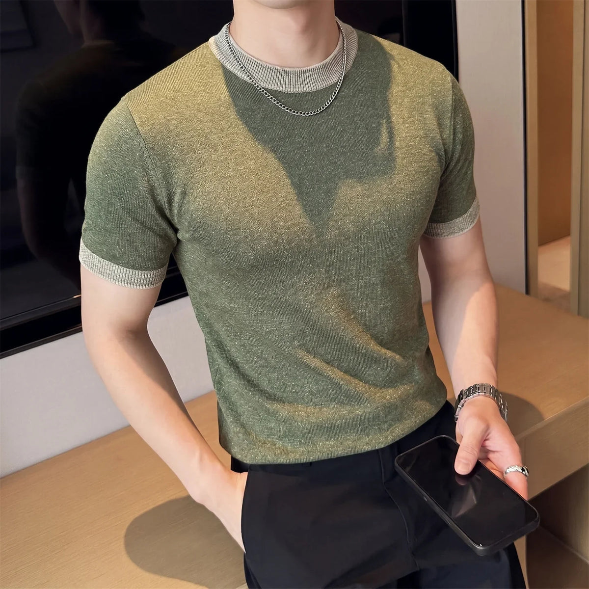 男士萊賽爾亞麻針織圓領T恤透氣