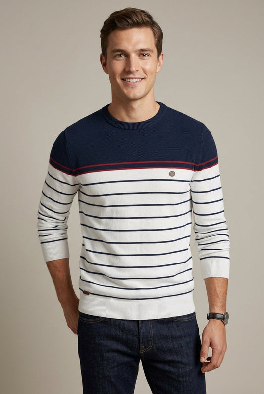 Herrenpullover mit Rundhalsausschnitt und Streifen