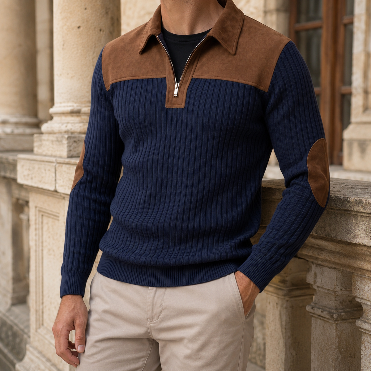Gerippter Strickpullover mit kurzem Reißverschluss