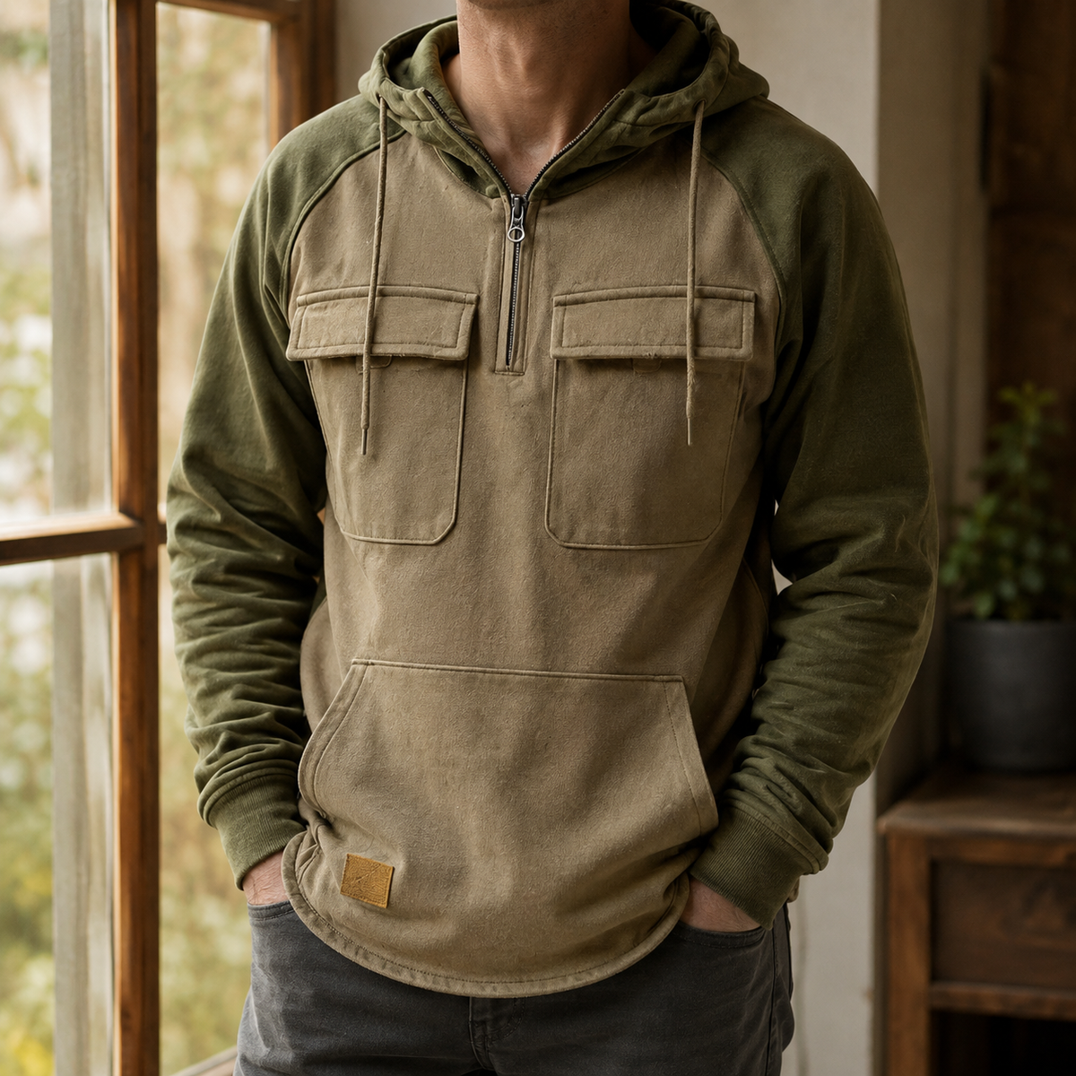 Áo hoodie màu xám pha cotton tiện dụng