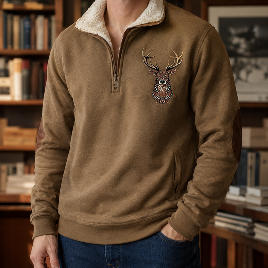 Strickpullover mit Viertelreißverschluss und Hirschmotiv