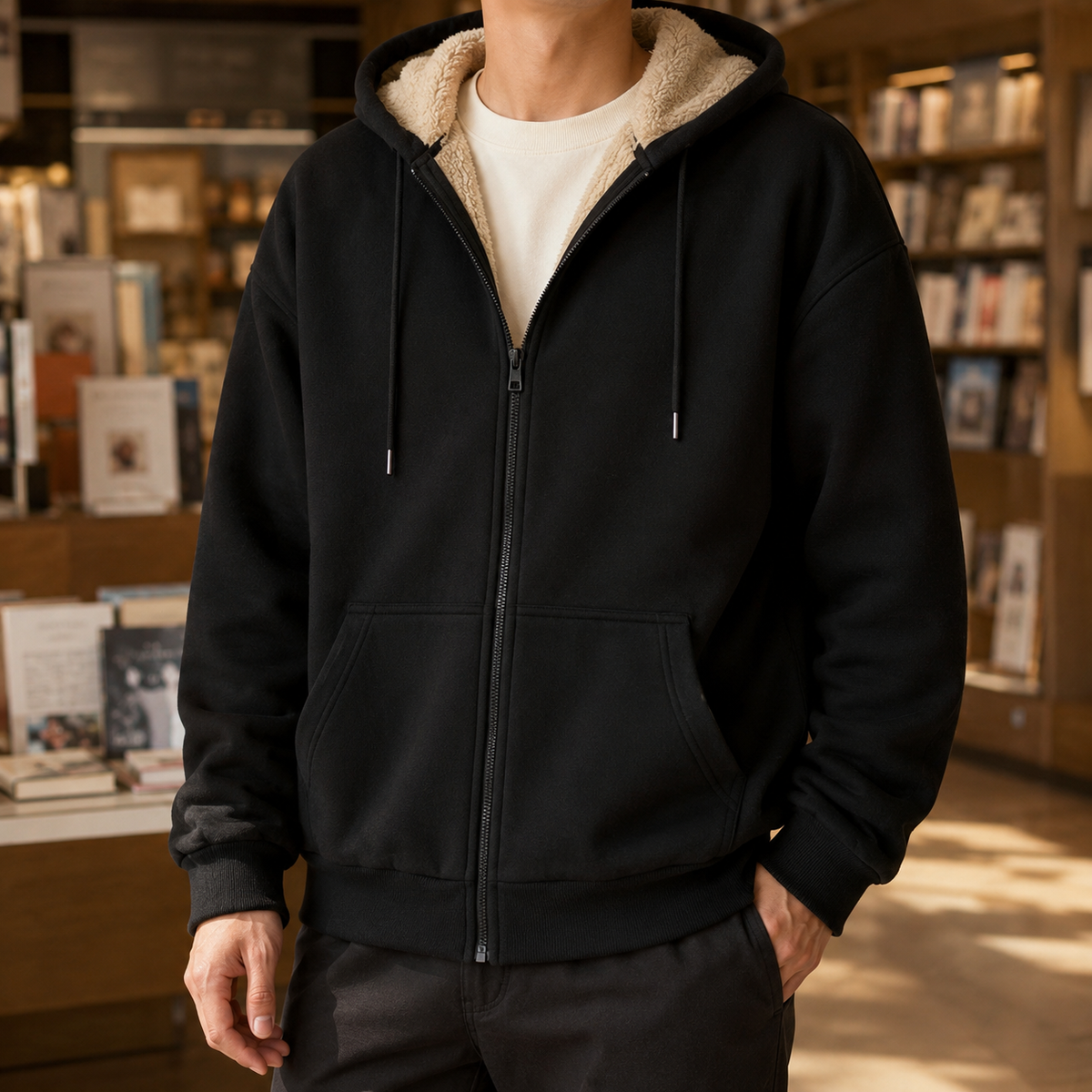 Áo hoodie khóa kéo toàn phần lót lông Sherpa