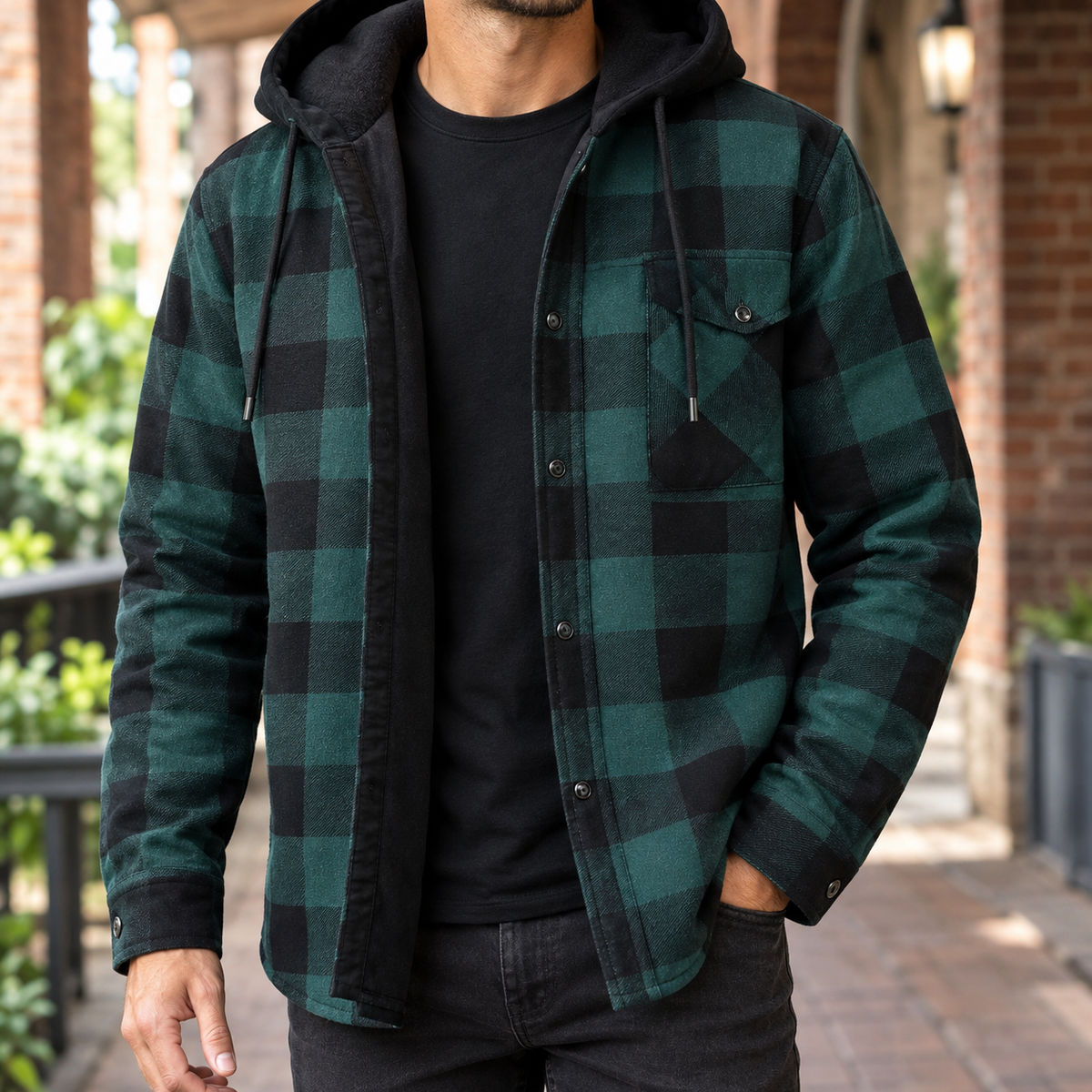 Camisa-casaco de ganga com capuz e padrão aos quadrados