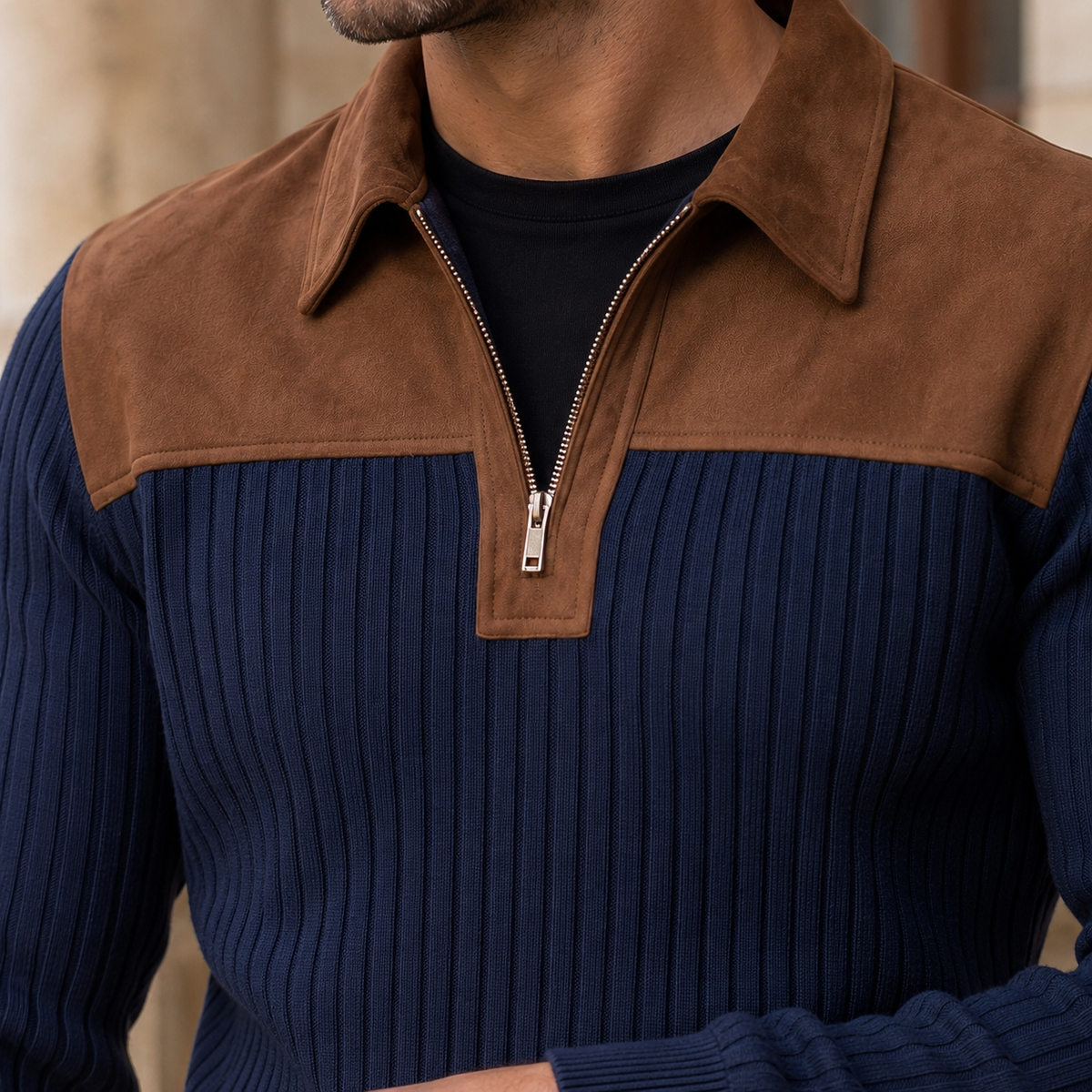 Gerippter Strickpullover mit kurzem Reißverschluss